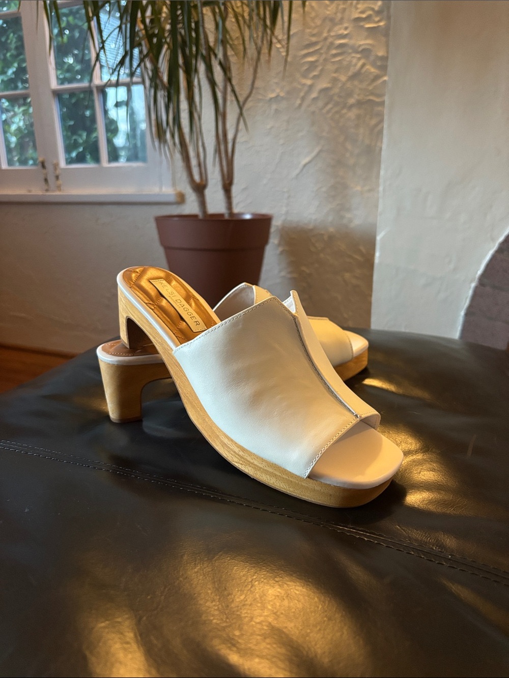 Kelsi Dagger Cream Leather Open-Toe Wood Block Heel Mules